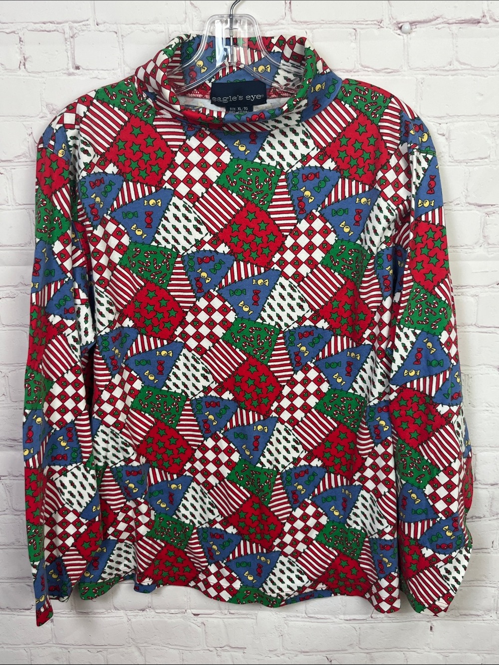 Vintage 90s Eagle's Eye Patchwork Christmas Turtleneck Top Plus Size XL